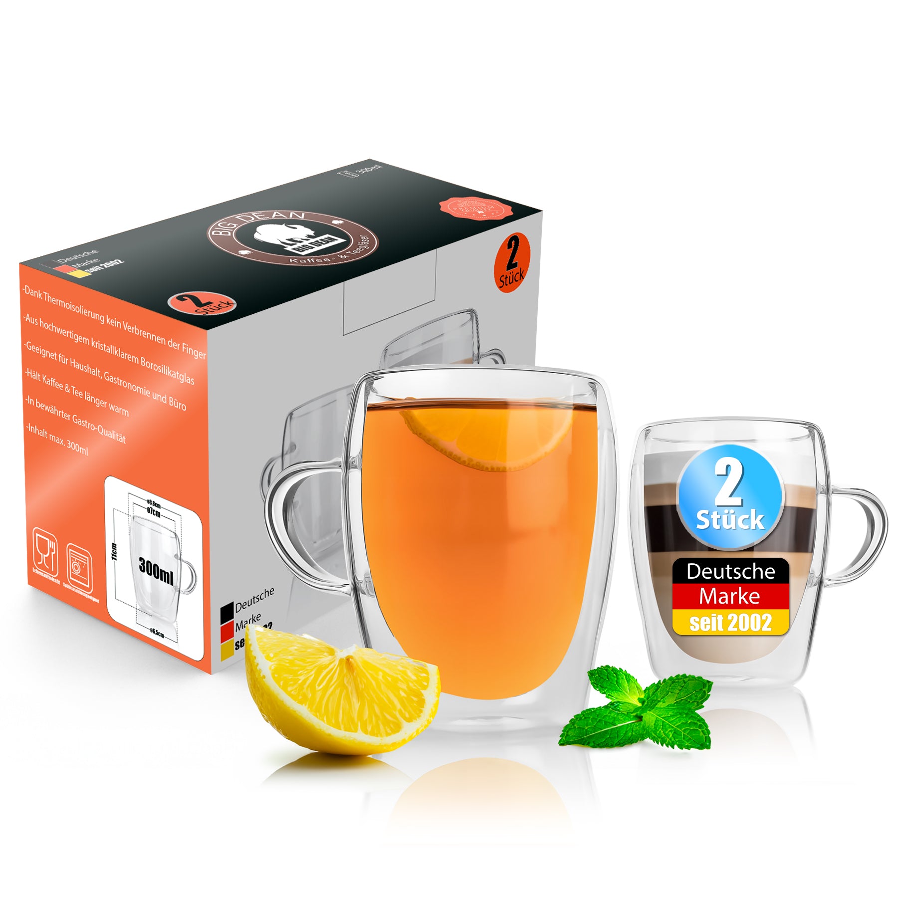 BigDean 2 Stück doppelwandige Latte Macchiato Gläser mit Henkel 300 ml – hochwertige Teegläser in Geschenkverpackung