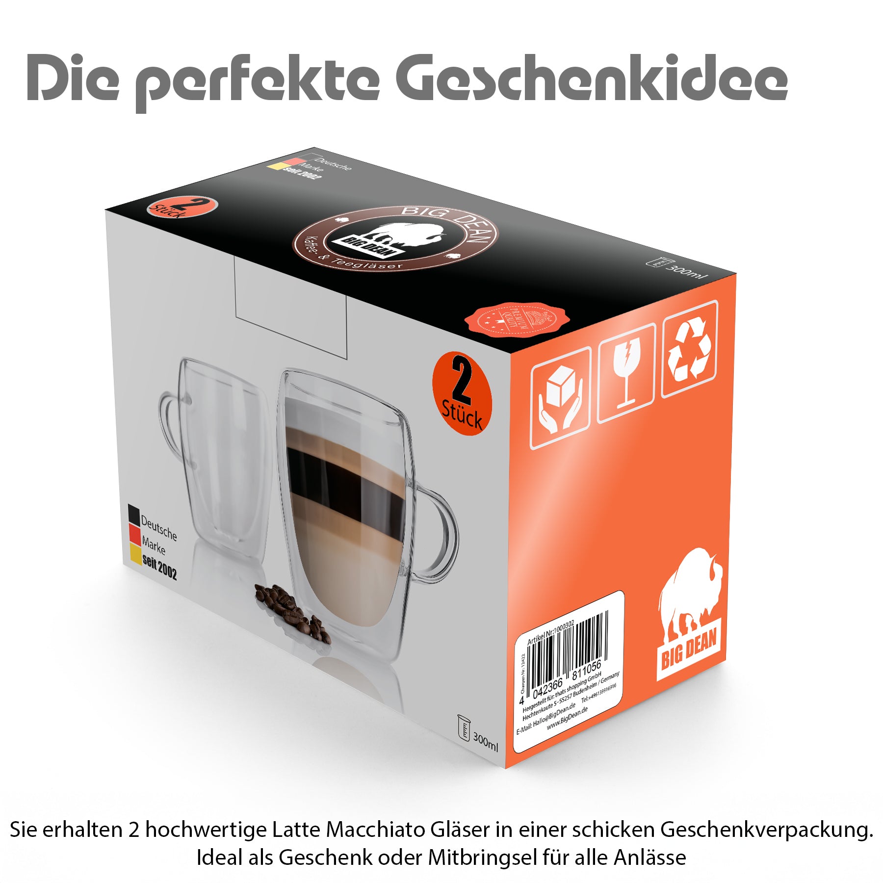 BigDean 2 Stück doppelwandige Latte Macchiato Gläser mit Henkel 300 ml –  in Geschenkverpackung 2