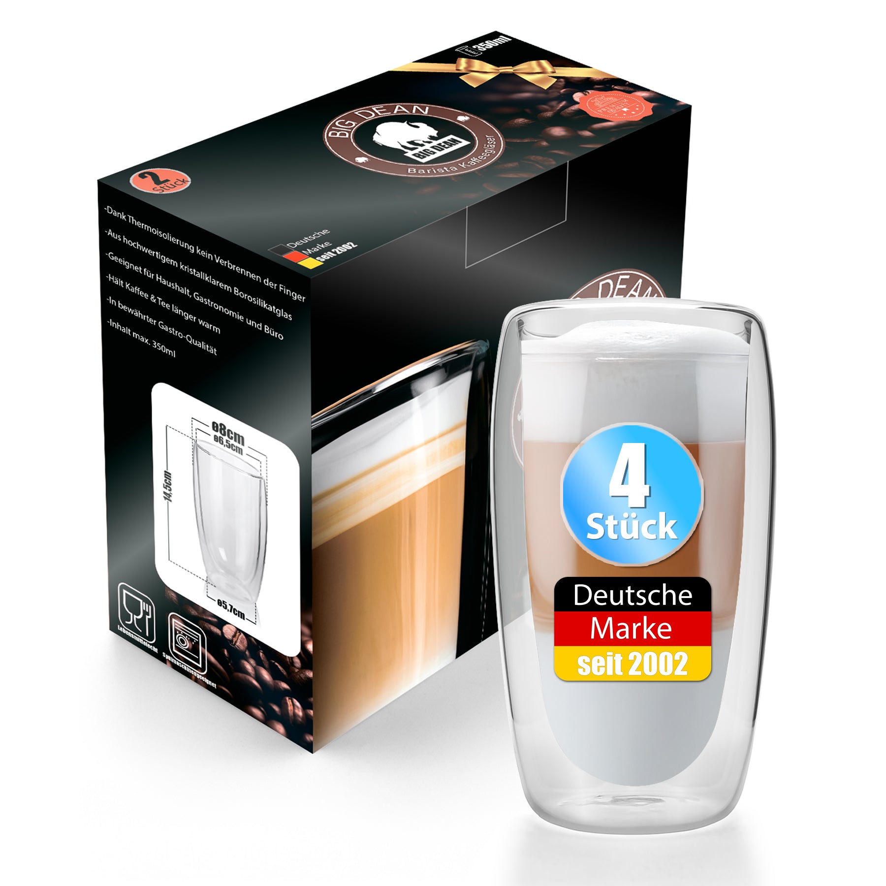 BigDean 4 Stück hohe doppelwandige Latte Macchiato Gläser 350 ml aus Borosilikatglas – Kaffeegläser in Geschenkverpackung