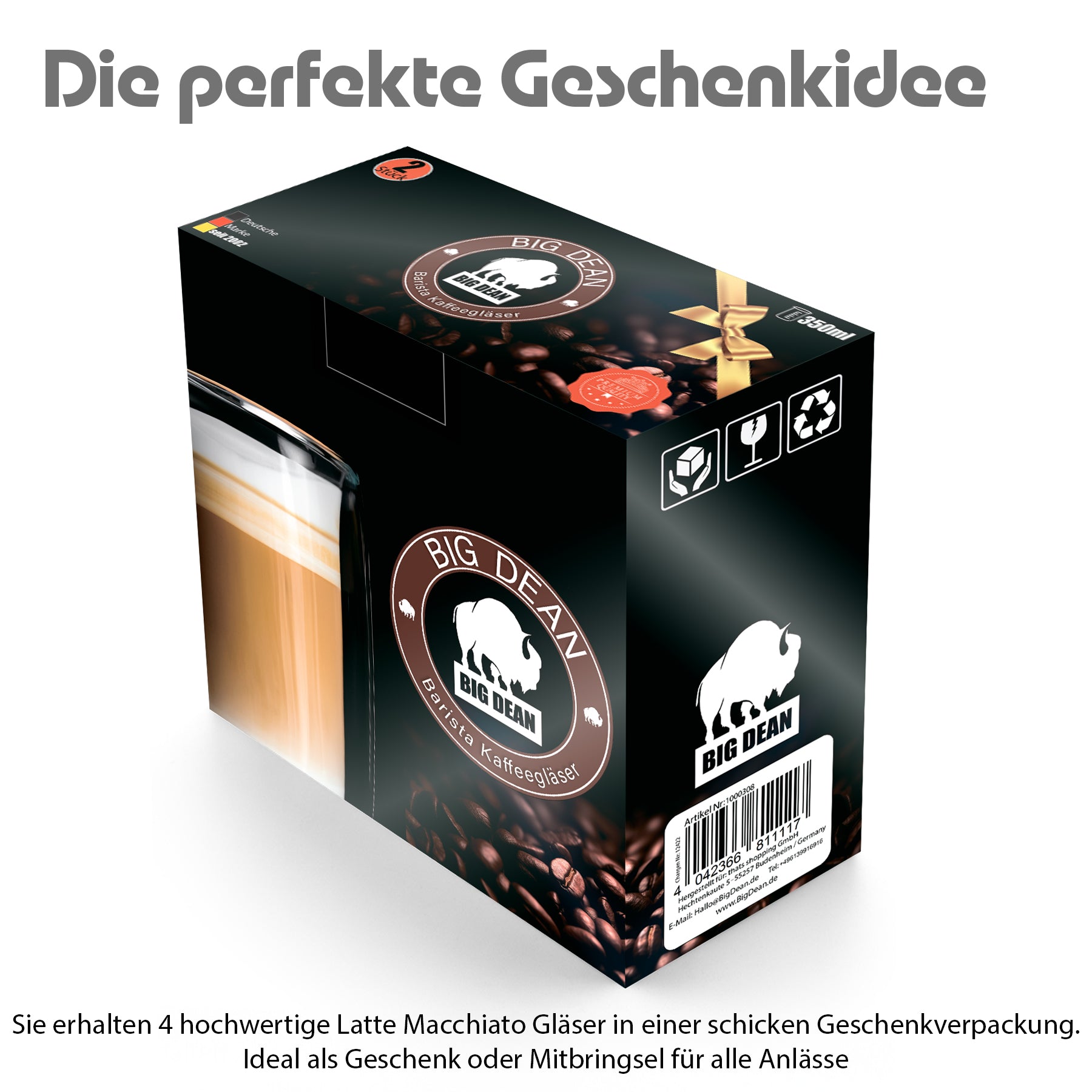 BigDean 4 Stück hohe doppelwandige Latte Macchiato Gläser 350 ml aus Borosilikatglas 2