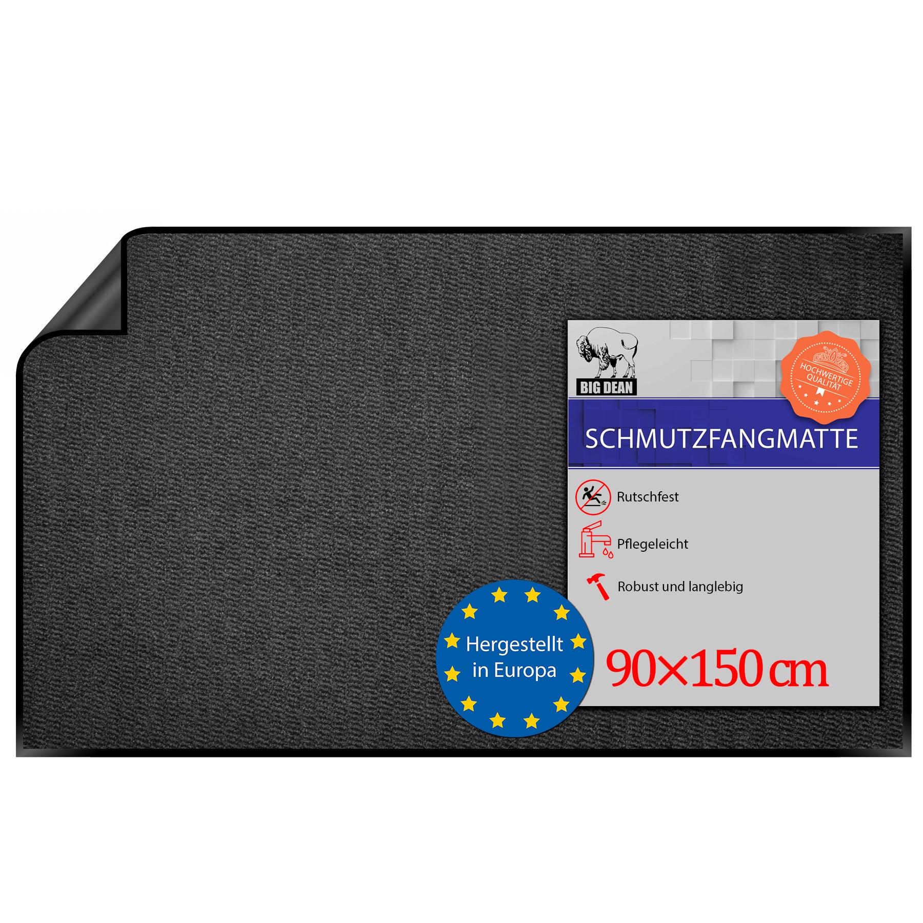 C  BigDean Schmutzfangmatte 90x150 cm Anthrazit – rutschfeste Fußmatte Made in Europe