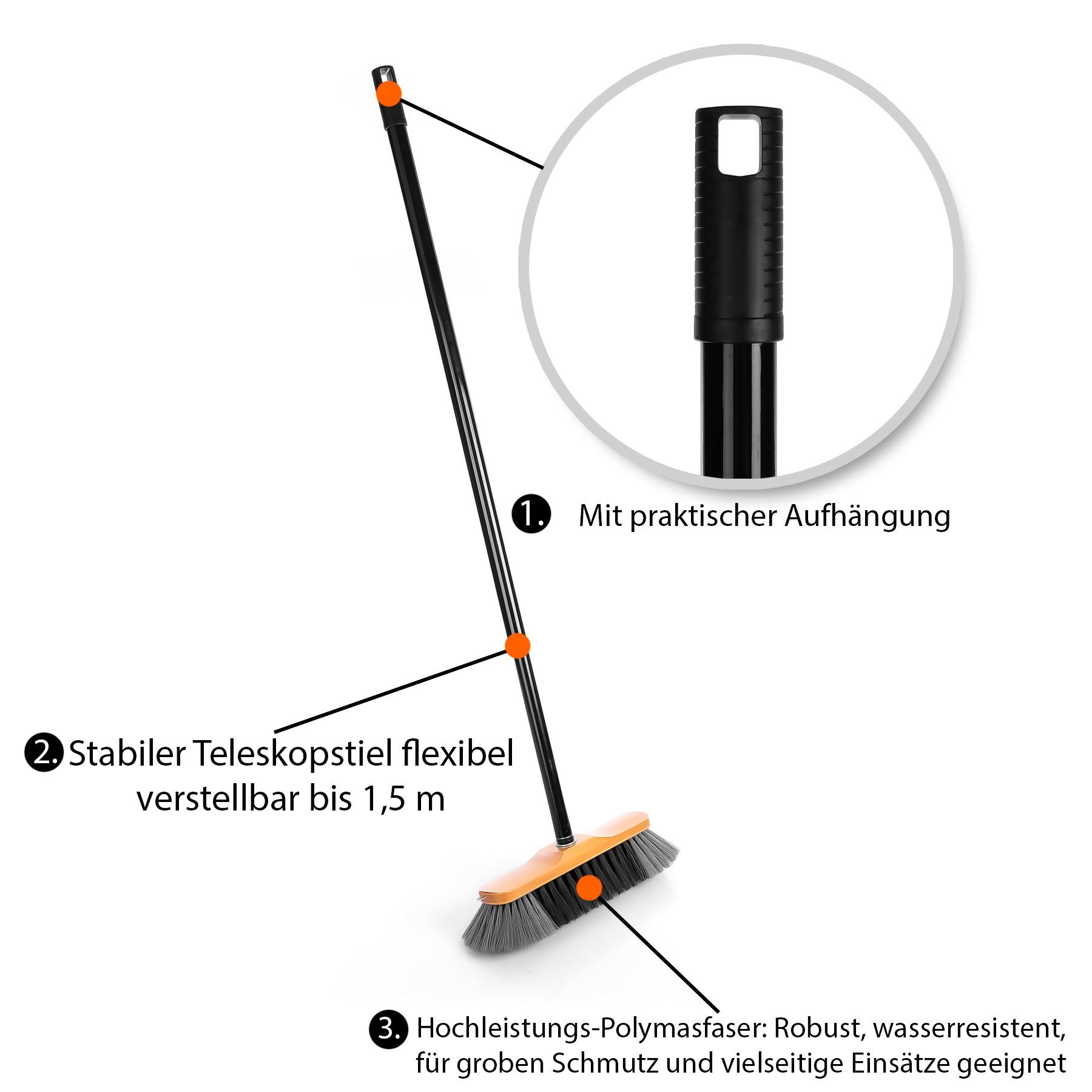 BigDean 2 Stück Besen mit Stiel ausziehbar bis 150 cm – Zimmerbesen mit feinen Kunstfasern & Made in 5