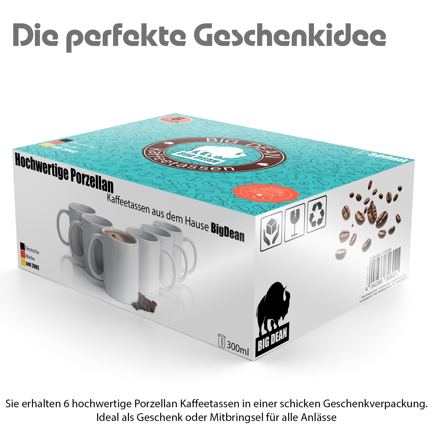 6 Stück Kaffeetassen 300ml – Kaffeebecher aus hochwertigem Porzellan in Geschenkverpackung 2