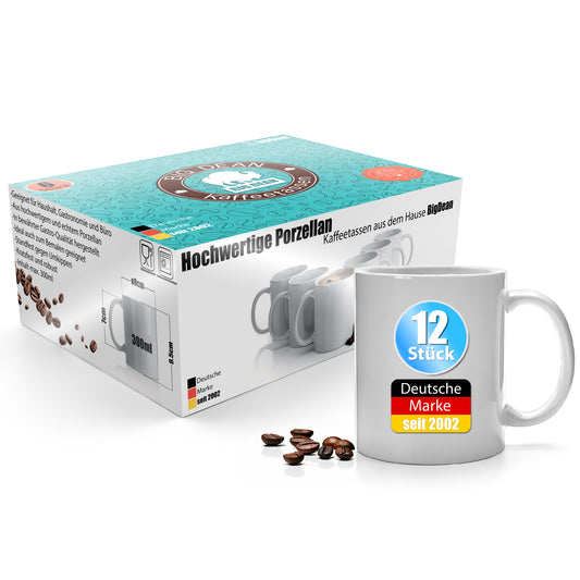 12 Stück Kaffeebecher weiß 300ml – Kaffeetassen aus hochwertigem Porzellan in Geschenkverpackung