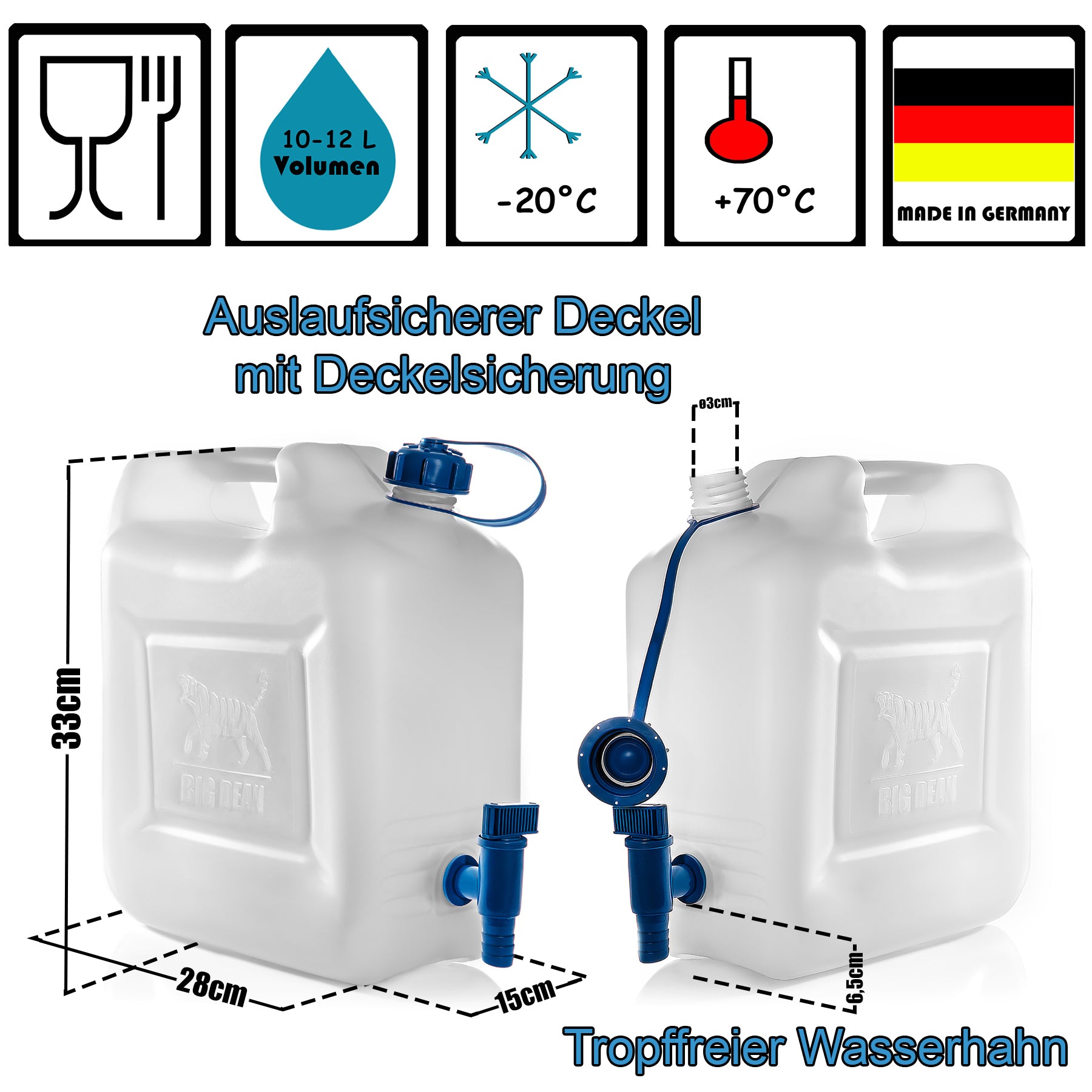 4x Wasserkanister 10l bis 12l Trinkwasserbehälter Trinkwasserkanister mit Hahn Lebensmittelecht 6