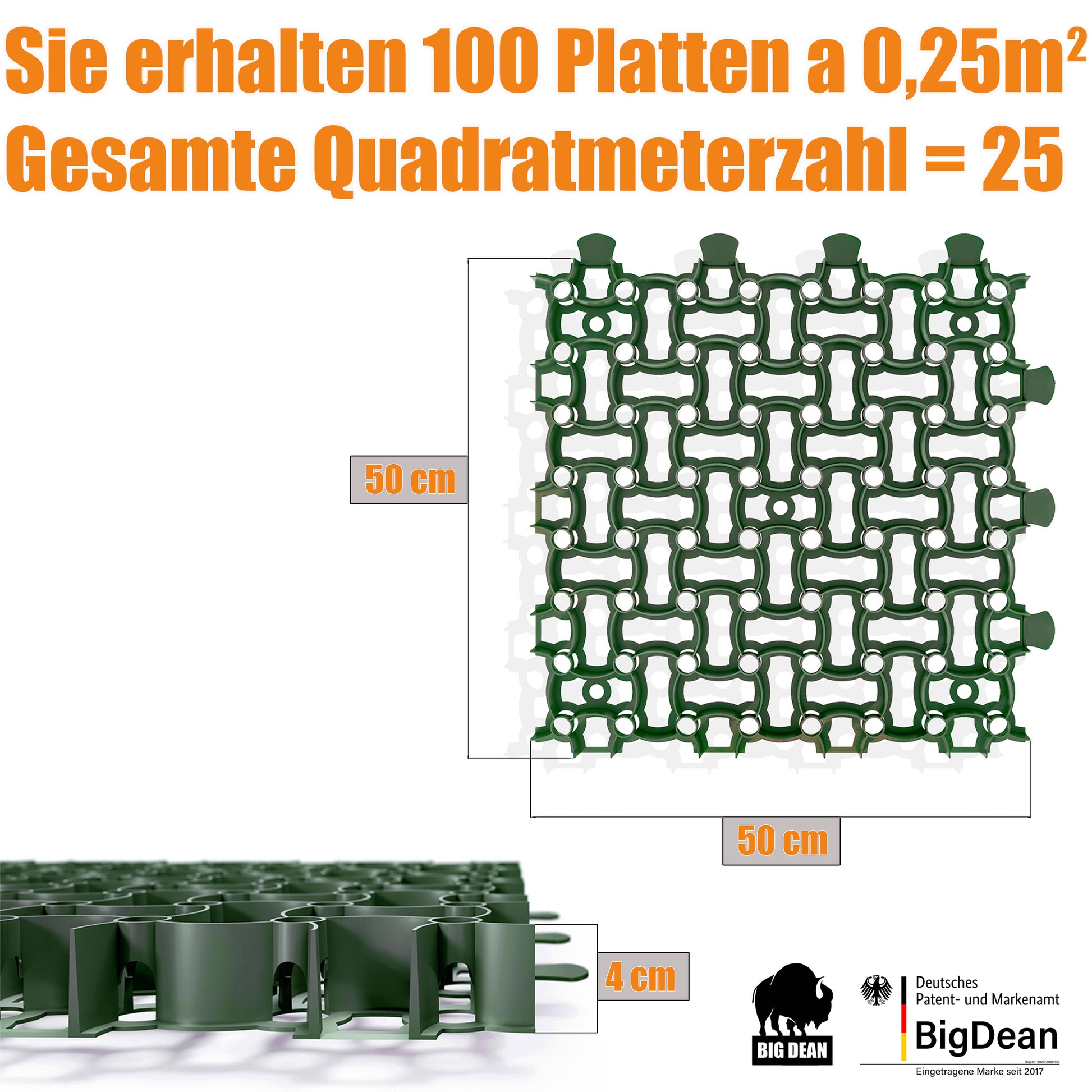 BigDean 100 Stück Paddockplatten 2,5 m² Grün Ultra stabil – Rasengitter 50x50 cm 5
