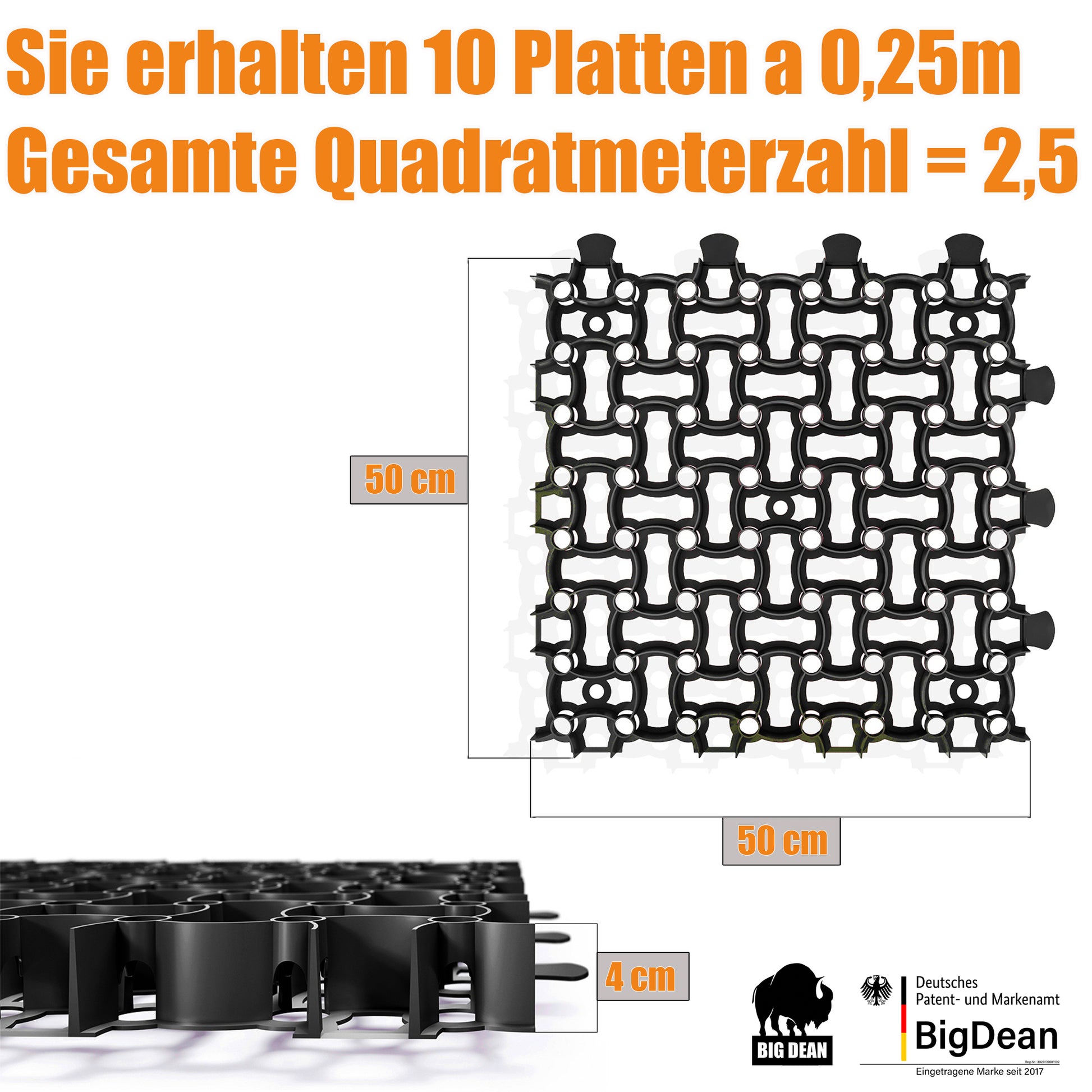 BigDean 10 Stück Paddockplatten 2,5 m² Schwarz Ultra stabil – Rasengitter 50x50 5
