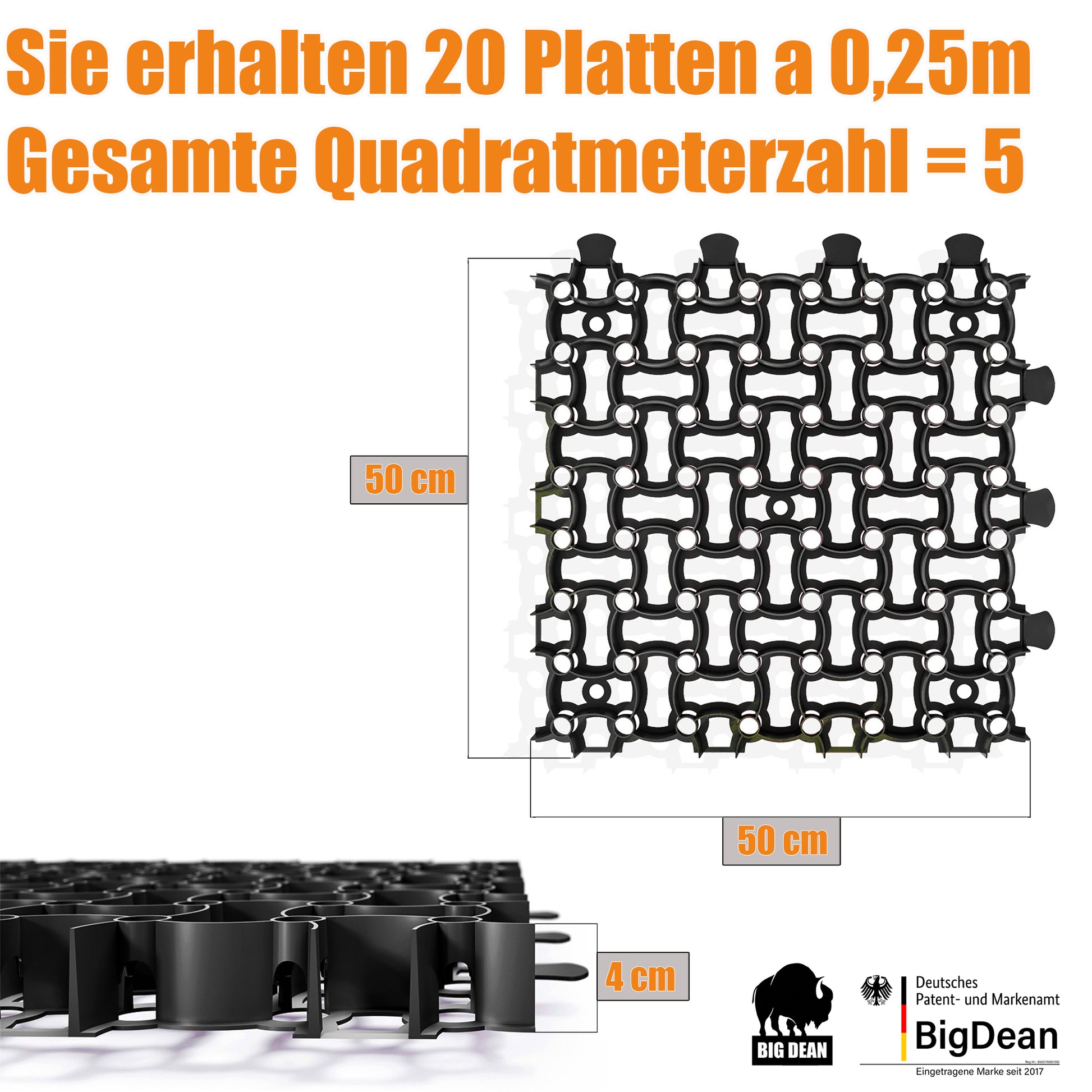 BigDean 20 Stück Paddockplatten 5 m² Schwarz Ultra stabil – Rasengitter 50x50 cm 5