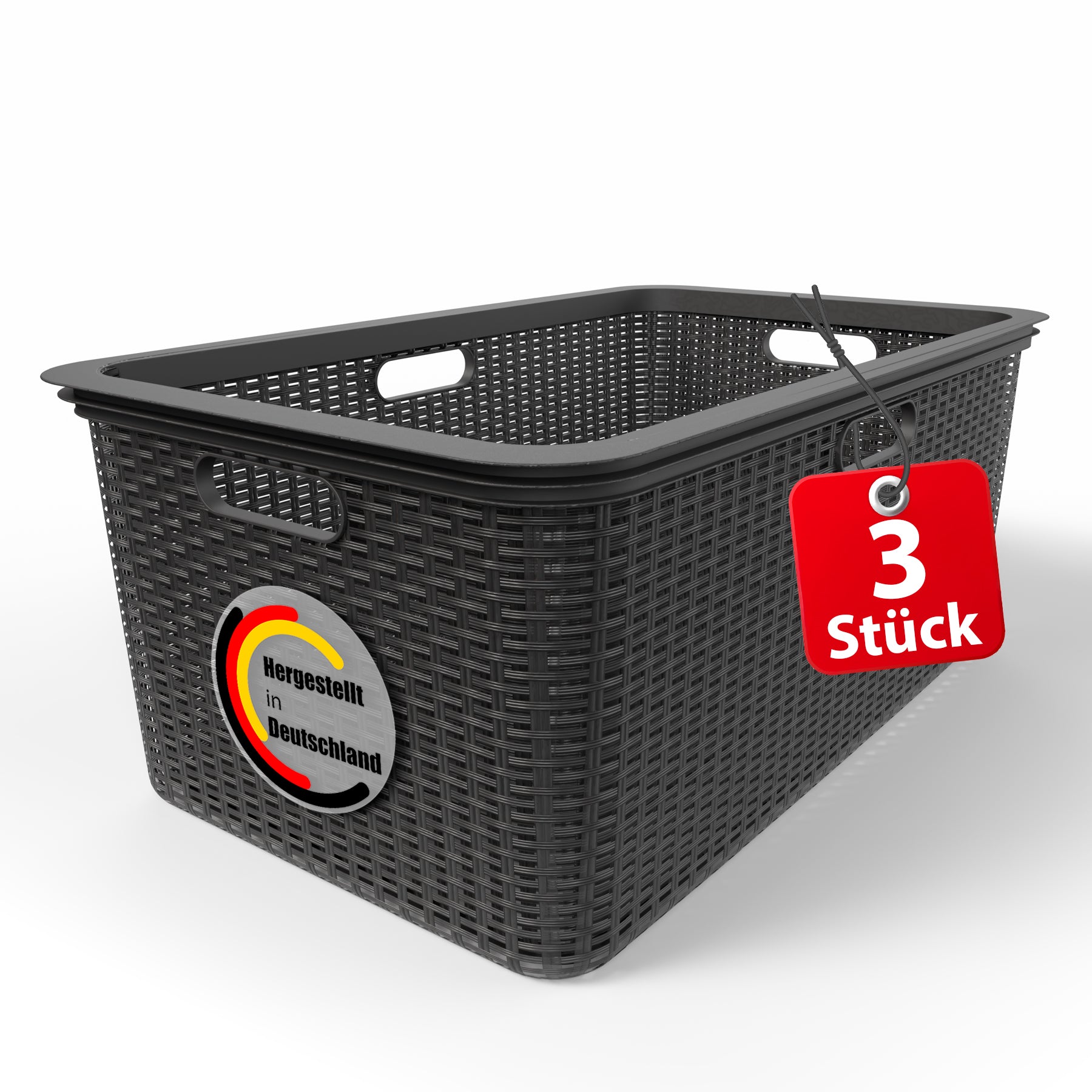C  BigDean 3 Stück Wäschekorb 59x39x26 cm Rattan Design – Wäschewanne Made in Germany