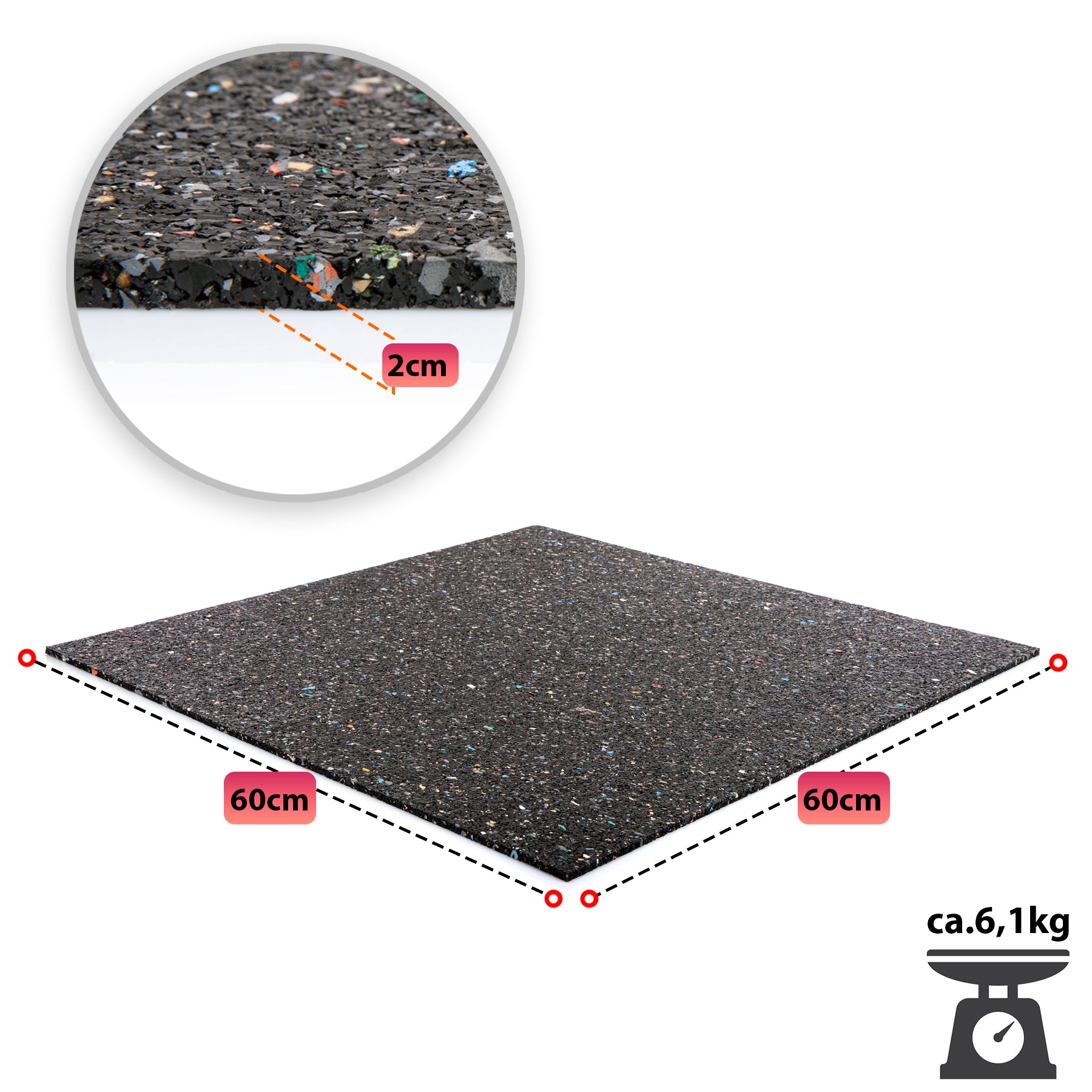 Antivibrationsmatte 60x60 cm – zuschneidbare Gummimatte – Dämmmatte 2cm Höhe 3