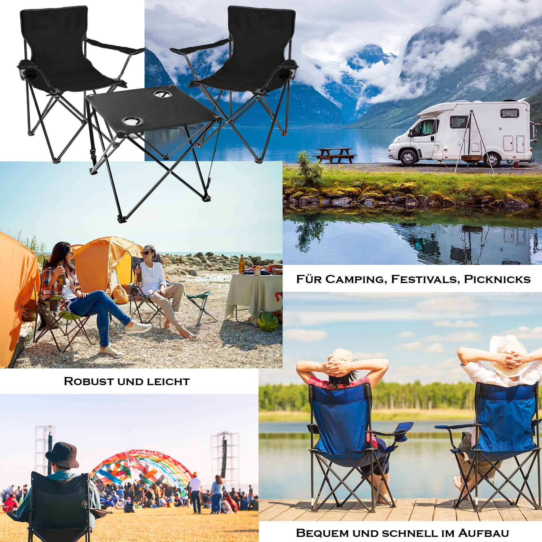 BigDean 2 Stück Campingstuhl mit Campingtisch faltbar – Faltstuhl in Schwarz 2