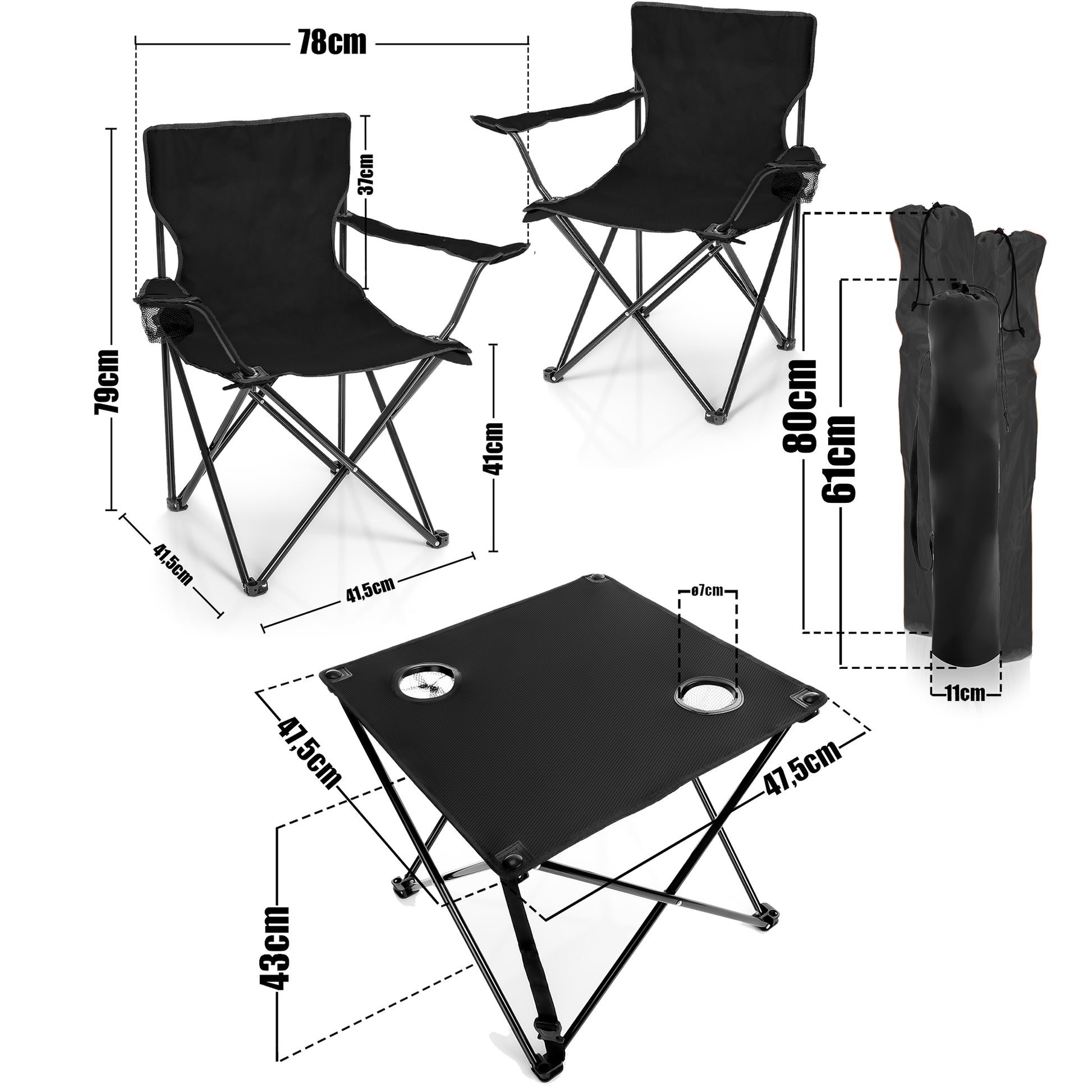 BigDean 2 Stück Campingstuhl mit Campingtisch faltbar – Faltstuhl in Schwarz 6