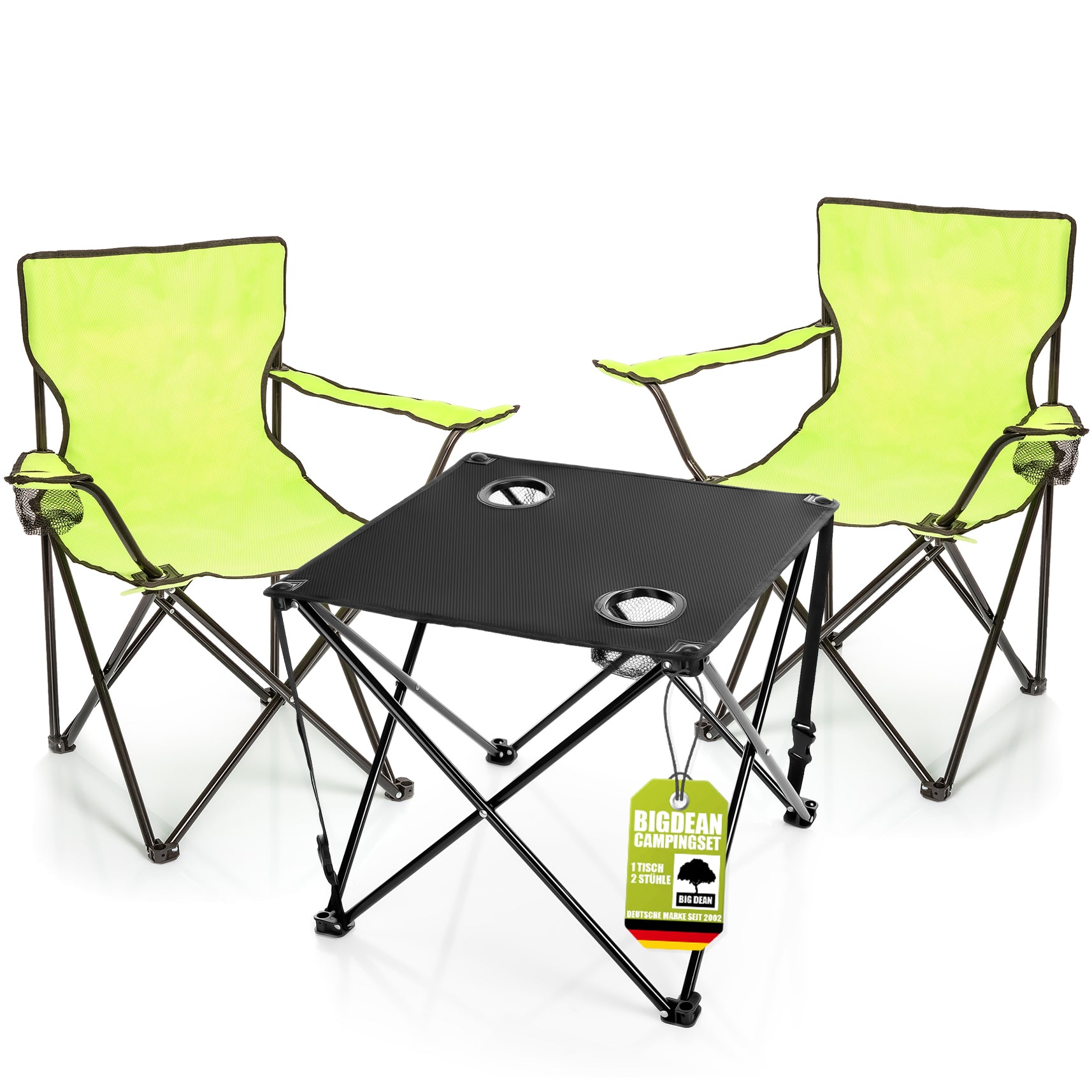BigDean 2 Stück Campingstuhl mit Campingtisch faltbar – Faltstuhl in Neon Grün mit Getränkehalter & Tragetasche ideal für Camping, Festival & mehr
