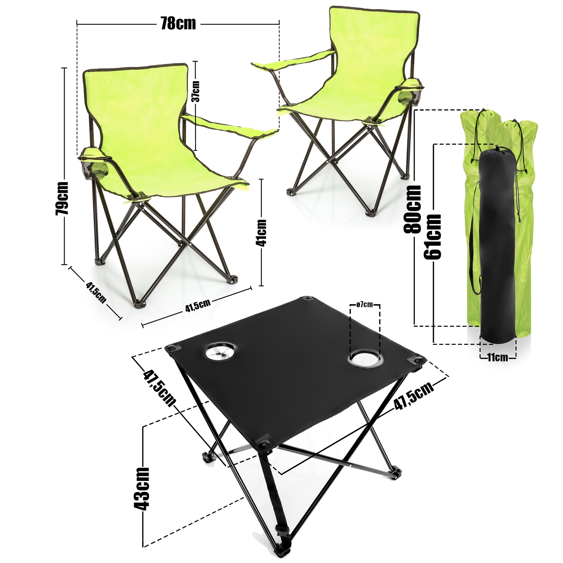 BigDean 2 Stück Campingstuhl mit Campingtisch faltbar – Faltstuhl in Neon Grün 6
