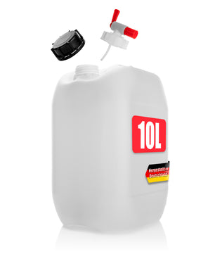 Wasserkanister 10L mit Auslaufhahn + Schraubdeckel naturweiß - BPA frei lebensmittelecht stapelbar UN-Zulassung DIN 61 - tragbarer Wasserbehälter für Indoor & Outdoor - Made in Germany