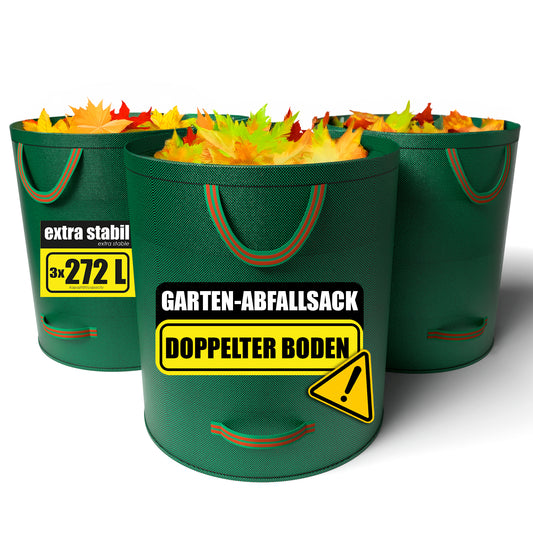 BigDean 3 Stück Gartenabfallsack 272L mit doppeltem Boden - Laubsack mit extra stabiler Powernaht – Gartensack für Gartenabfälle faltbar
