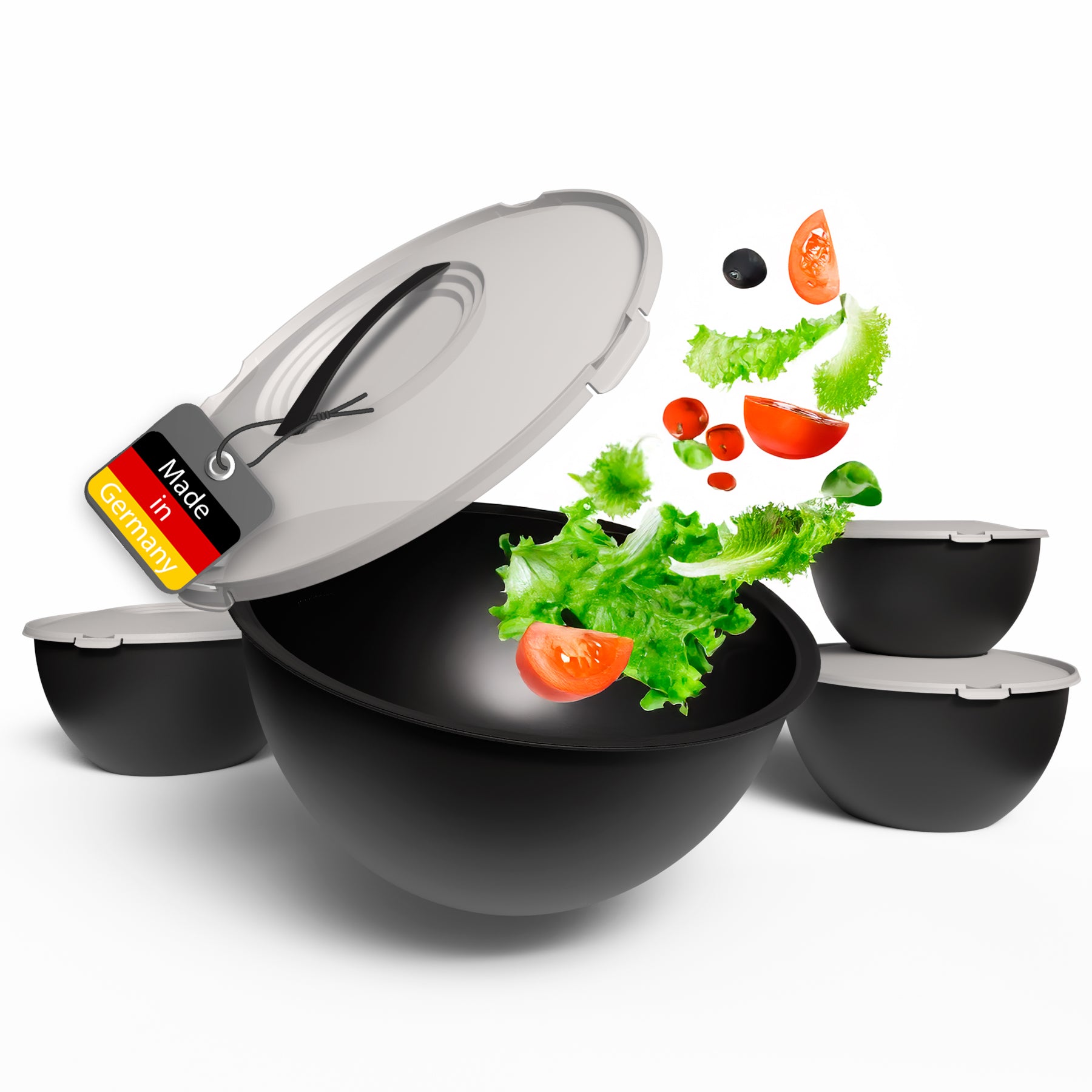 BigDean Salatschüssel Set groß mit Deckel, 4 Größen  0,7-6 L in Anthrazit Schwarz, Kunststoff  BPA-frei