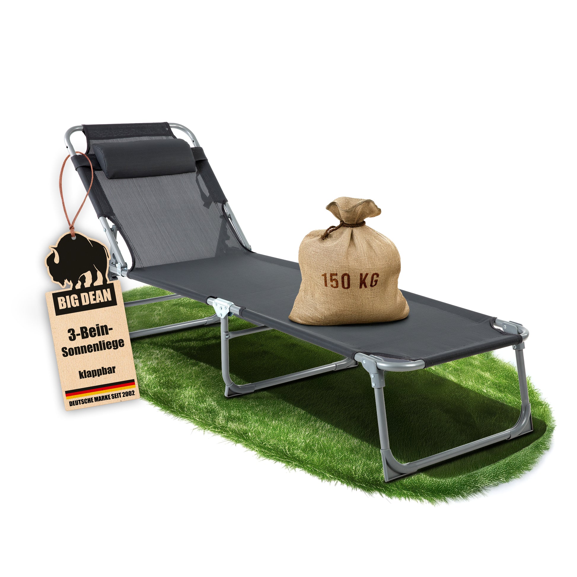 Sonnenliege klappbar mit Kopfkissen extra hoch dunkelgrau 150 kg belastbar - hochwertige Gartenliege für Balkon, Garten & Strand – BigDean