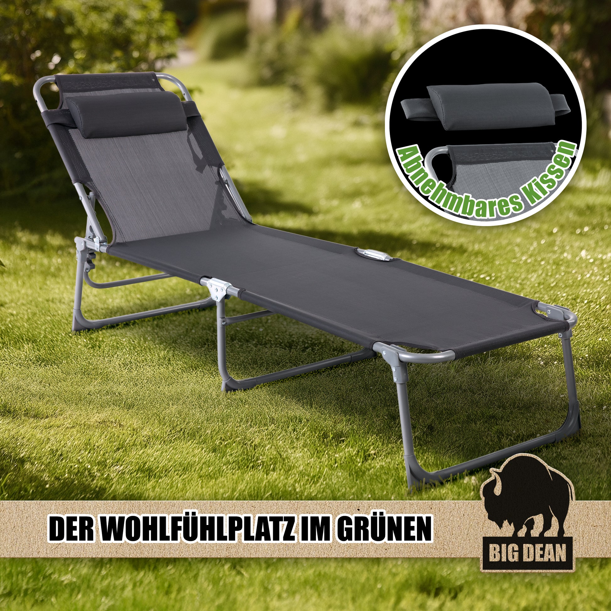 Premium Sonnenliege klappbar mit Kopfkissen extra hoch dunkelgrau 150 kg belastbar  2