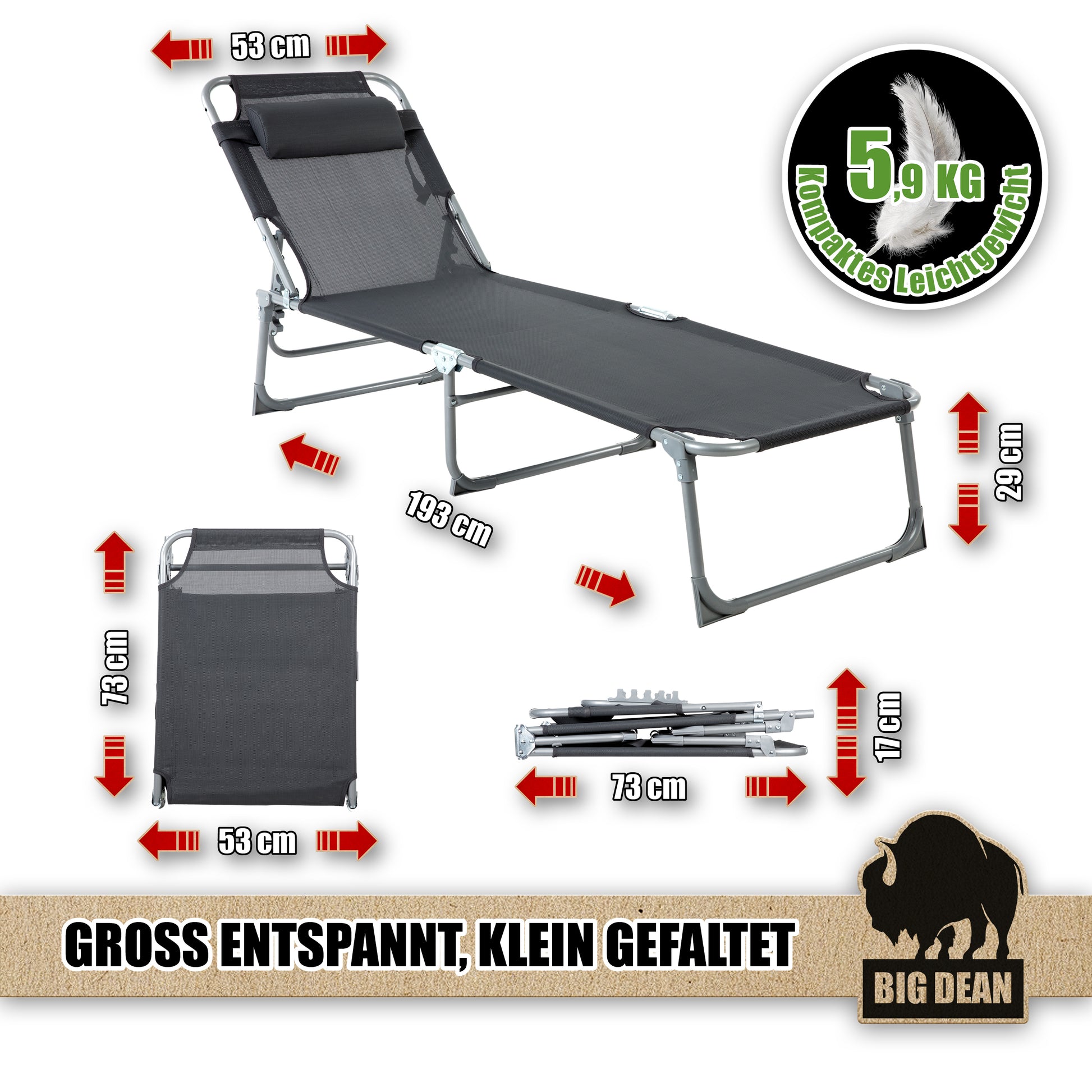 Premium Sonnenliege klappbar mit Kopfkissen extra hoch dunkelgrau 150 kg belastbar  3