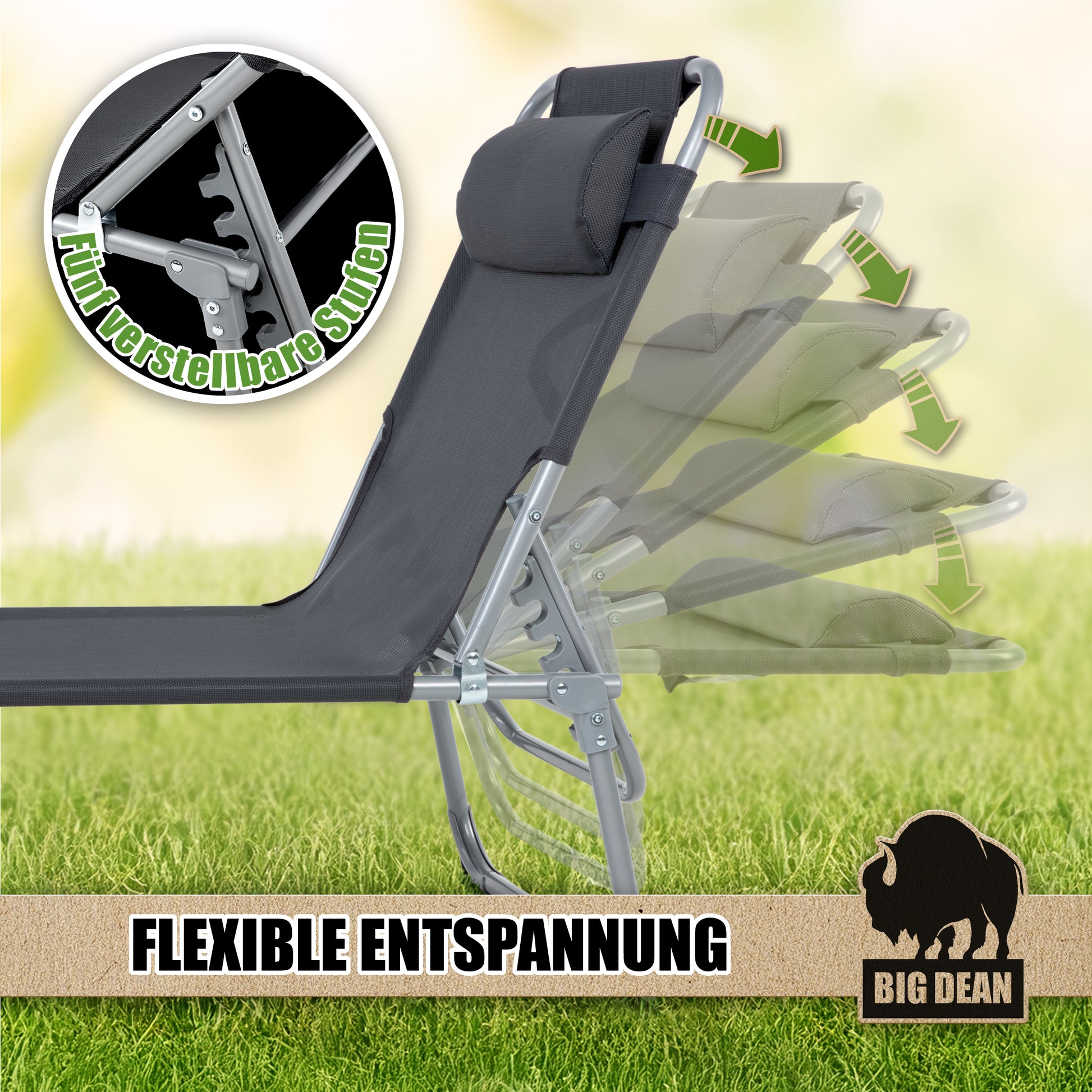 Premium Sonnenliege klappbar mit Kopfkissen extra hoch dunkelgrau 150 kg belastbar  4