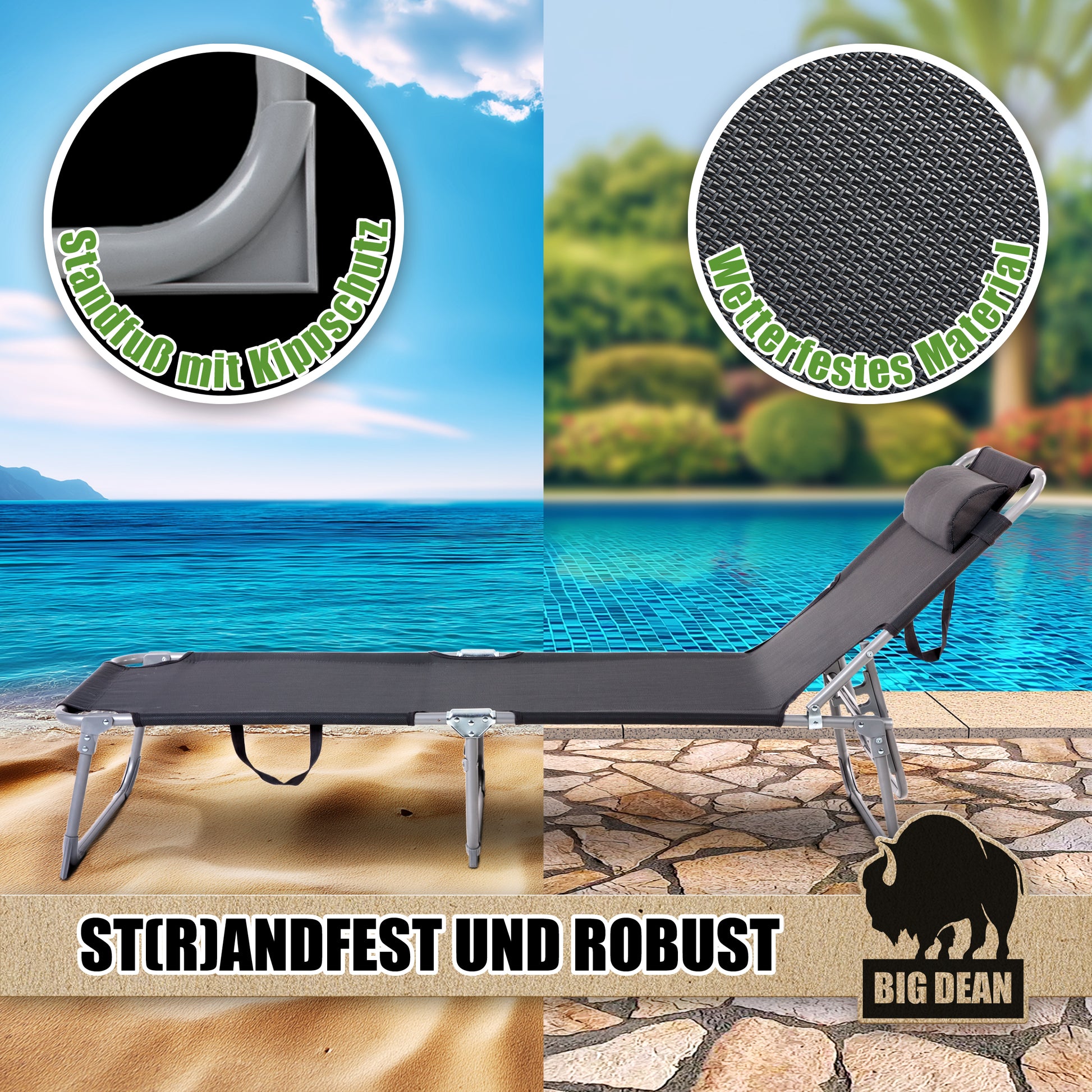 Premium Sonnenliege klappbar mit Kopfkissen extra hoch dunkelgrau 150 kg belastbar  6