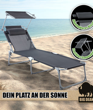 Premium Sonnenliege klappbar mit Kopfkissen & Dach extra hoch dunkelgrau 150 kg belastbar  2