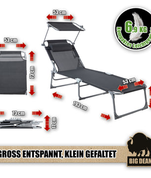 Premium Sonnenliege klappbar mit Kopfkissen & Dach extra hoch dunkelgrau 150 kg belastbar  3