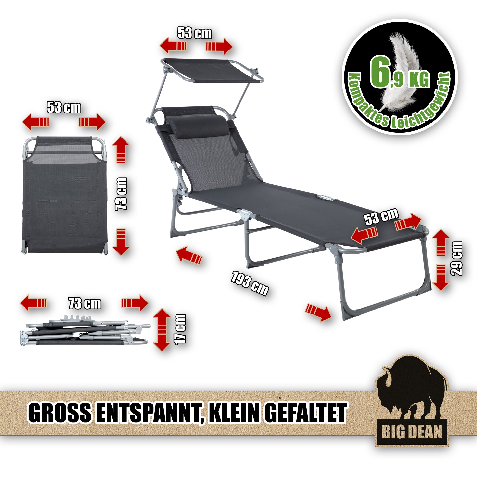 Premium Sonnenliege klappbar mit Kopfkissen & Dach extra hoch dunkelgrau 150 kg belastbar  3