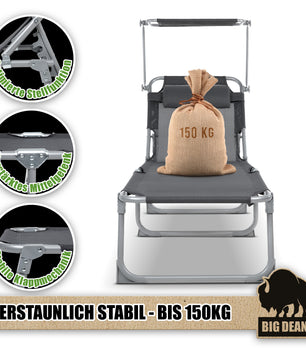 Premium Sonnenliege klappbar mit Kopfkissen & Dach extra hoch dunkelgrau 150 kg belastbar  4