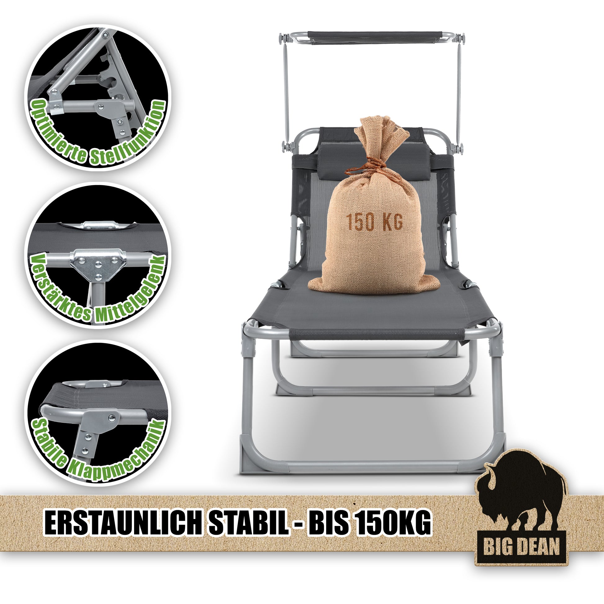Premium Sonnenliege klappbar mit Kopfkissen & Dach extra hoch dunkelgrau 150 kg belastbar  4