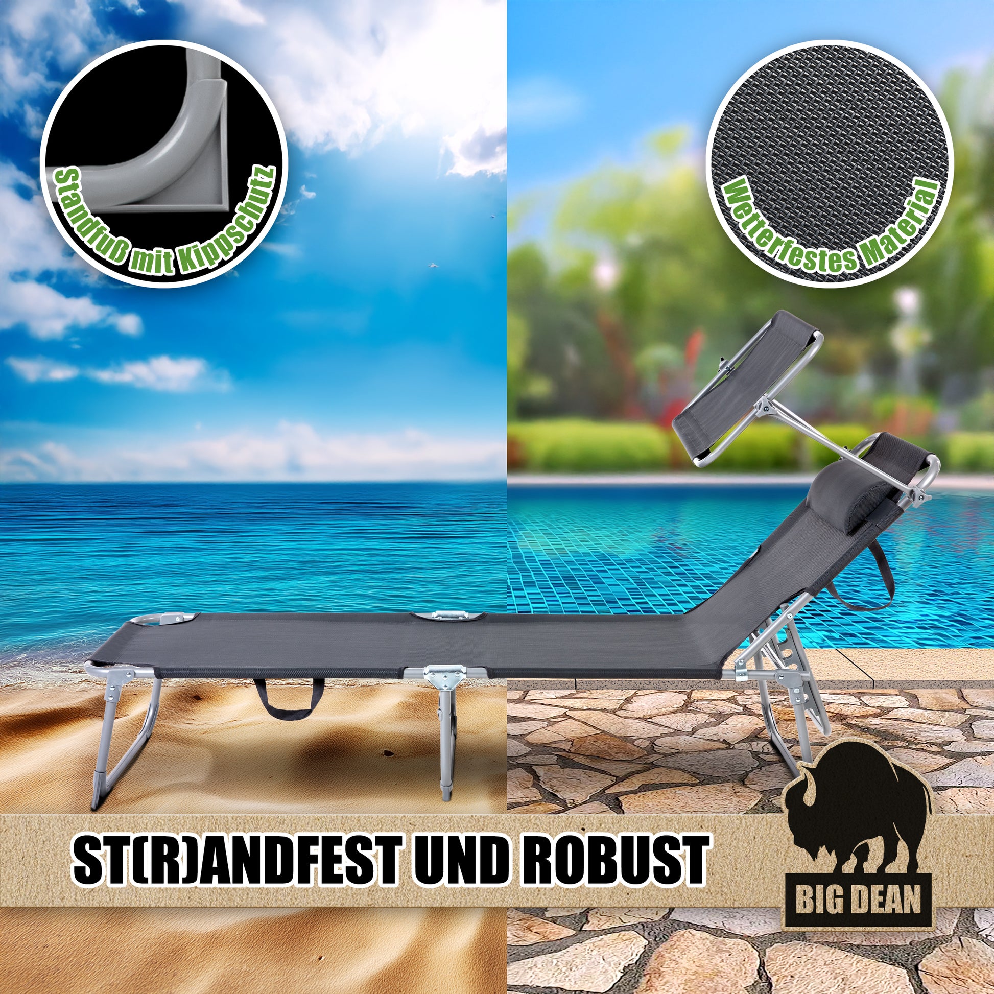 Premium Sonnenliege klappbar mit Kopfkissen & Dach extra hoch dunkelgrau 150 kg belastbar  5