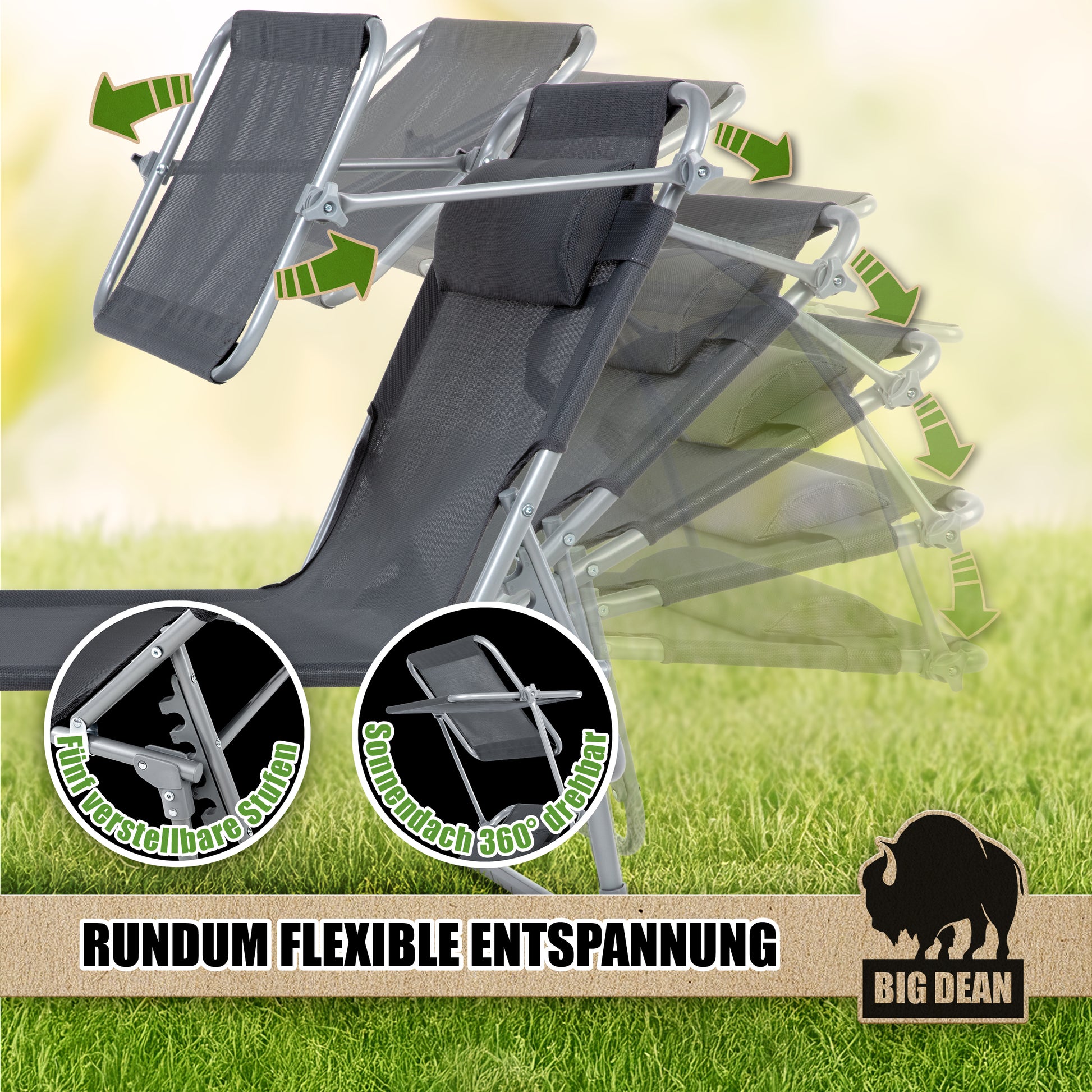 Premium Sonnenliege klappbar mit Kopfkissen & Dach extra hoch dunkelgrau 150 kg belastbar  6