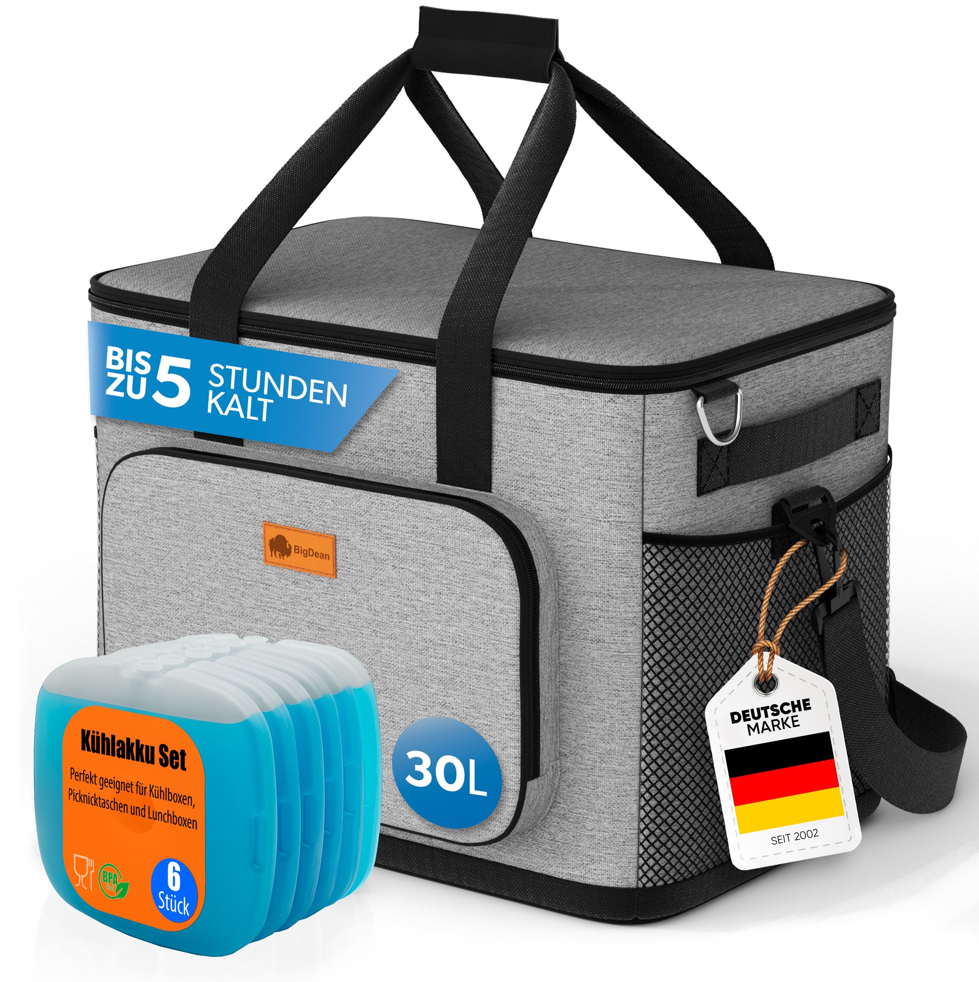 Kühltasche groß 30L + 6 Mini Kühlakkus – perfekt als Picknicktasche & Lunchtasche von BigDean 