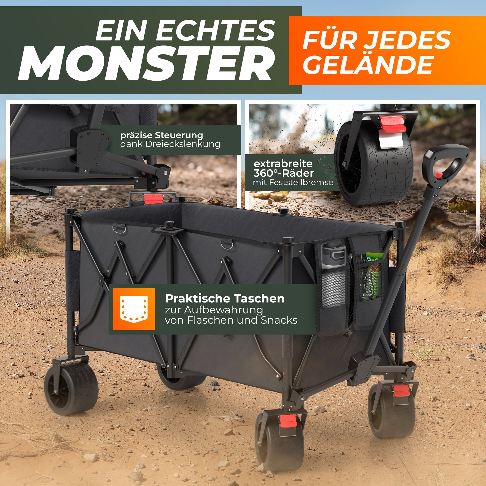 Premium XXL Bollerwagen faltbar 260L 150kg belastbar robuster Bollerwagen für jedes Gelände  4
