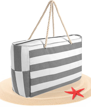 Strandtasche XXL große Badetasche mit Reißverschluss Schwimmbad Tasche Saunatasche Einkaufstasche Umhängetasche (Grau Weiß)
