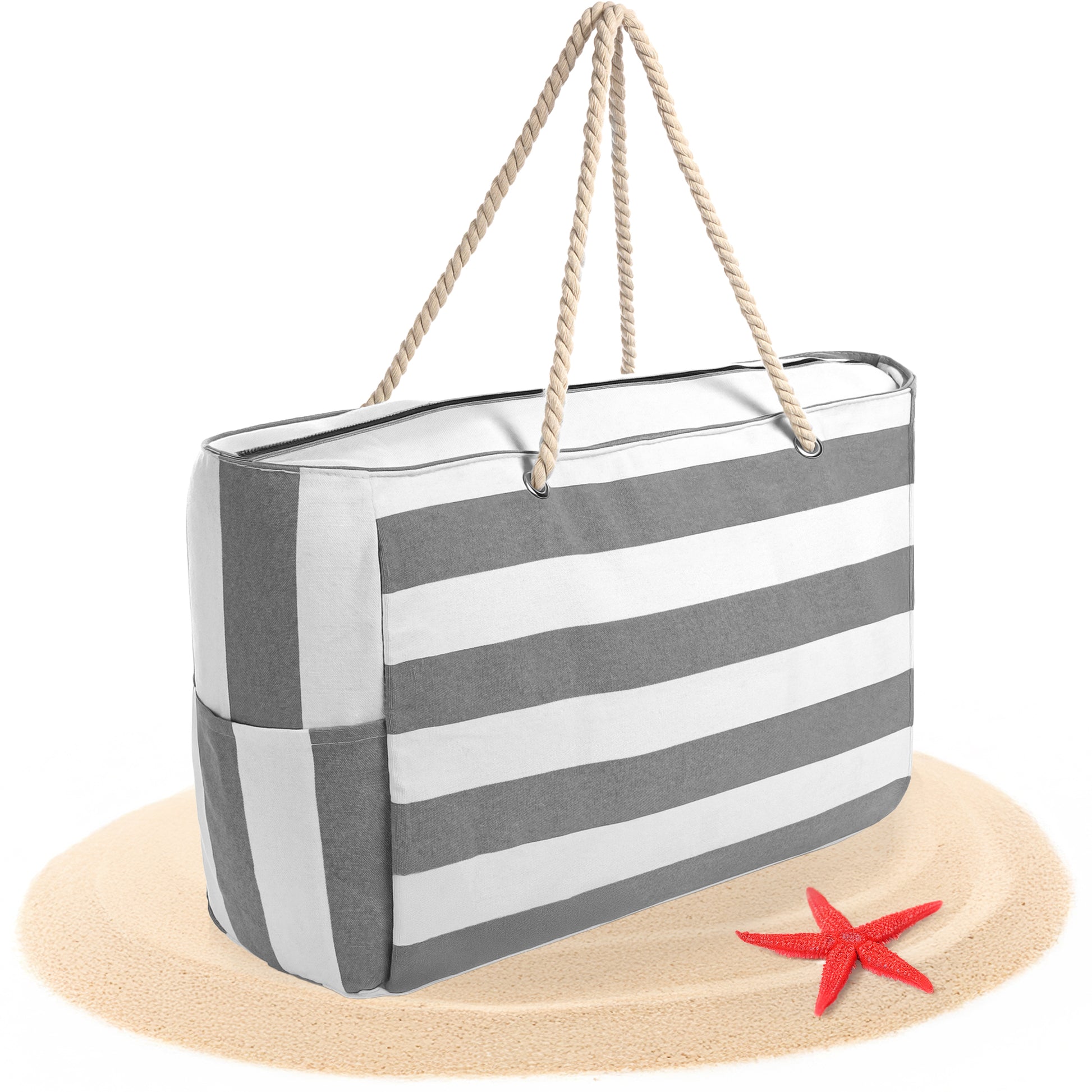 Strandtasche XXL große Badetasche mit Reißverschluss Schwimmbad Tasche Saunatasche Einkaufstasche Umhängetasche (Grau Weiß)