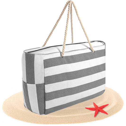 BigDean Strandtasche XXL große Badetasche mit Reißverschluss Schwimmbad Tasche Saunatasche Einkaufstasche Umhängetasche (Grau Weiß) image 1