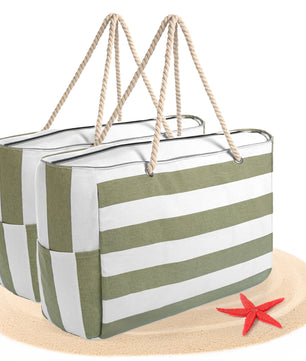 Strandtasche XXL große Badetasche mit Reißverschluss Schwimmbad Tasche Saunatasche Einkaufstasche Umhängetasche (Grün Weiß & Grün Weiß)