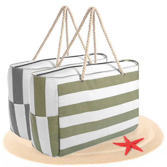 Strandtasche XXL 2 Stück grün und grau weiß große Badetasche mit Reißverschluss Schwimmbad Tasche Saunatasche Einkaufstasche Umhängetasche