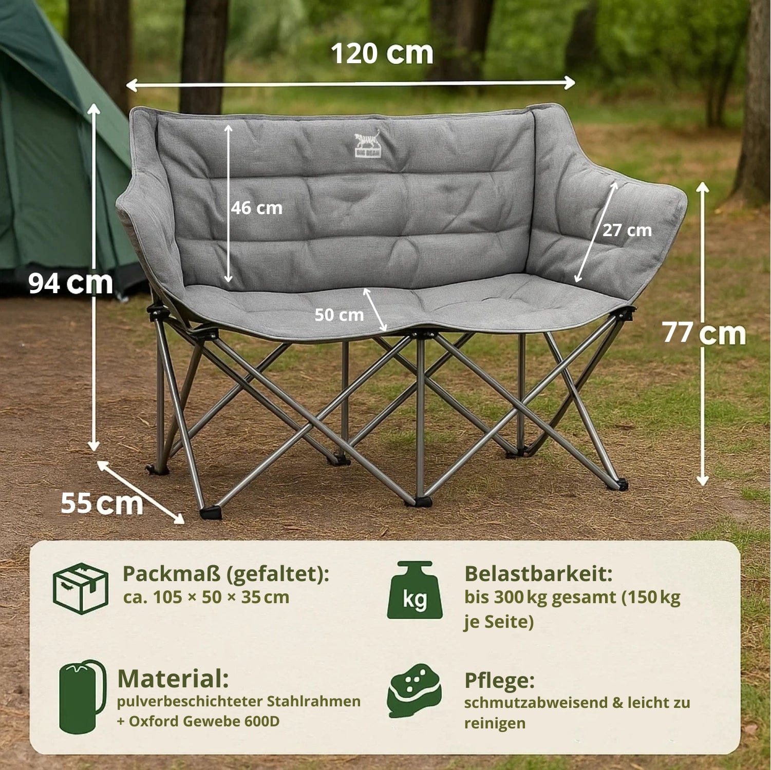 BigDean Campingstuhl faltbar 2 Personen 300kg  belastbar gepolstert Camping Sofa Campingstuhl 3