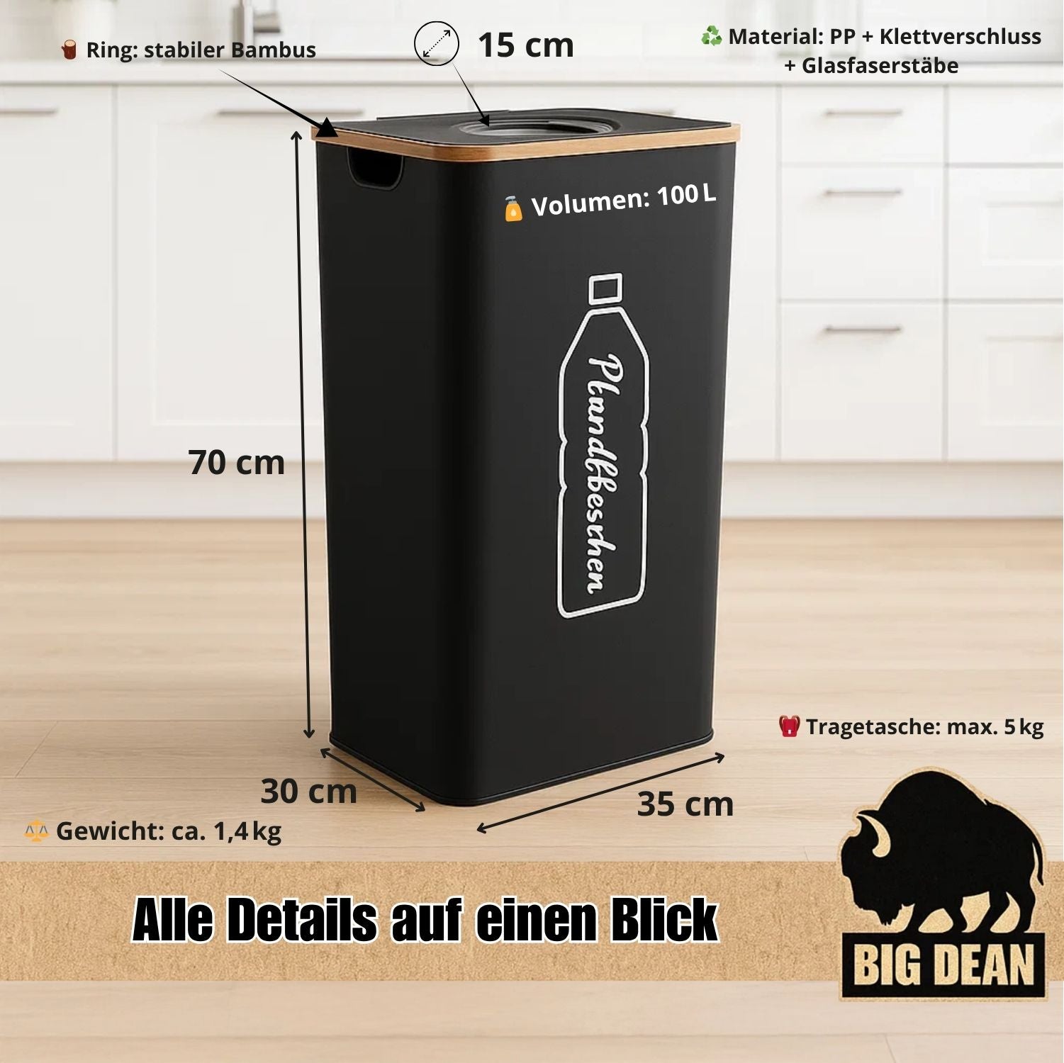 BigDean Pfandflaschen Sammelbehälter 100L inkl. Tragetasche - Flaschensammler Leergut 3