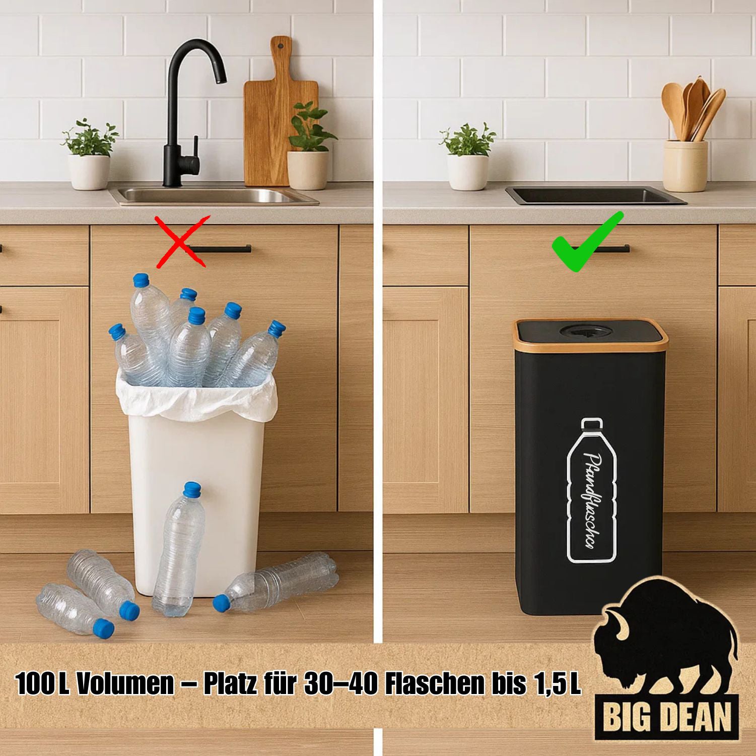 BigDean Pfandflaschen Sammelbehälter 100L inkl. Tragetasche - Flaschensammler Leergut 4