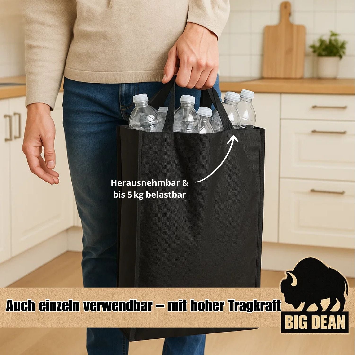 BigDean Pfandflaschen Sammelbehälter 100L inkl. Tragetasche - Flaschensammler Leergut 5