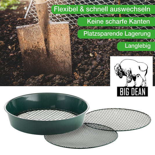 BigDean 2er Set XL Gartensieb aus Metall Ø 37cm - fein bis grob - inkl. austauschbarer Siebeinsätze in 3 Größen 6,4/9,5 & 12,7 mm - Erdsieb Kompostsieb Sieb für Garten, Erde, Sand, Kompost – rund image 2