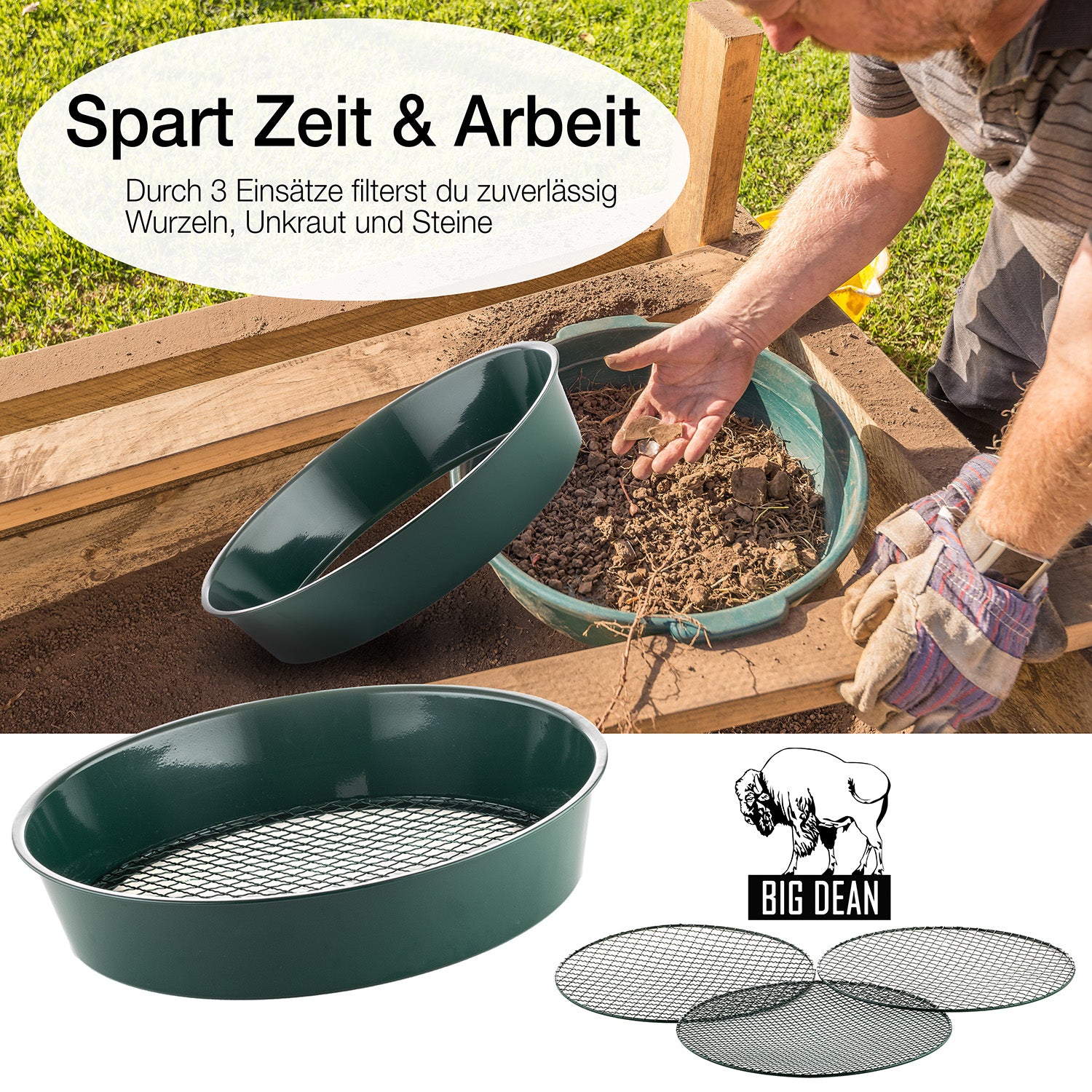 Gartensieb Erdsieb Metall mit 3 Maschenweiten Siebweiten 6,5 mm/9,5 mm/13 mm  4