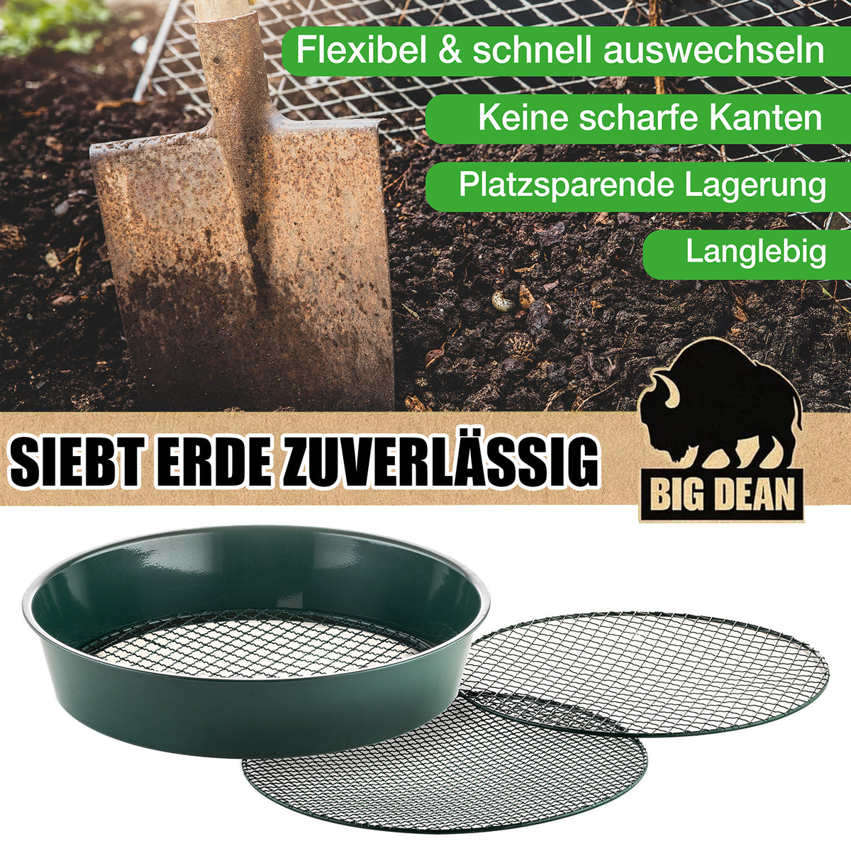 Gartensieb aus Metall mit 3 Maschenweiten 6,4 mm/9,5 mm/12,7 mm - Erdsieb rund Sandsieb Ø 37 cm Höhe 8 cm - Garten Sieb Steinsieb Kompostsieb (1 Stück Bundle) image 6