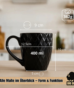 6 Stück Kaffeetassen 400ml schwarz matt Kaffeebecher Keramik - Hochwertiges Kaffeetassen Set  3