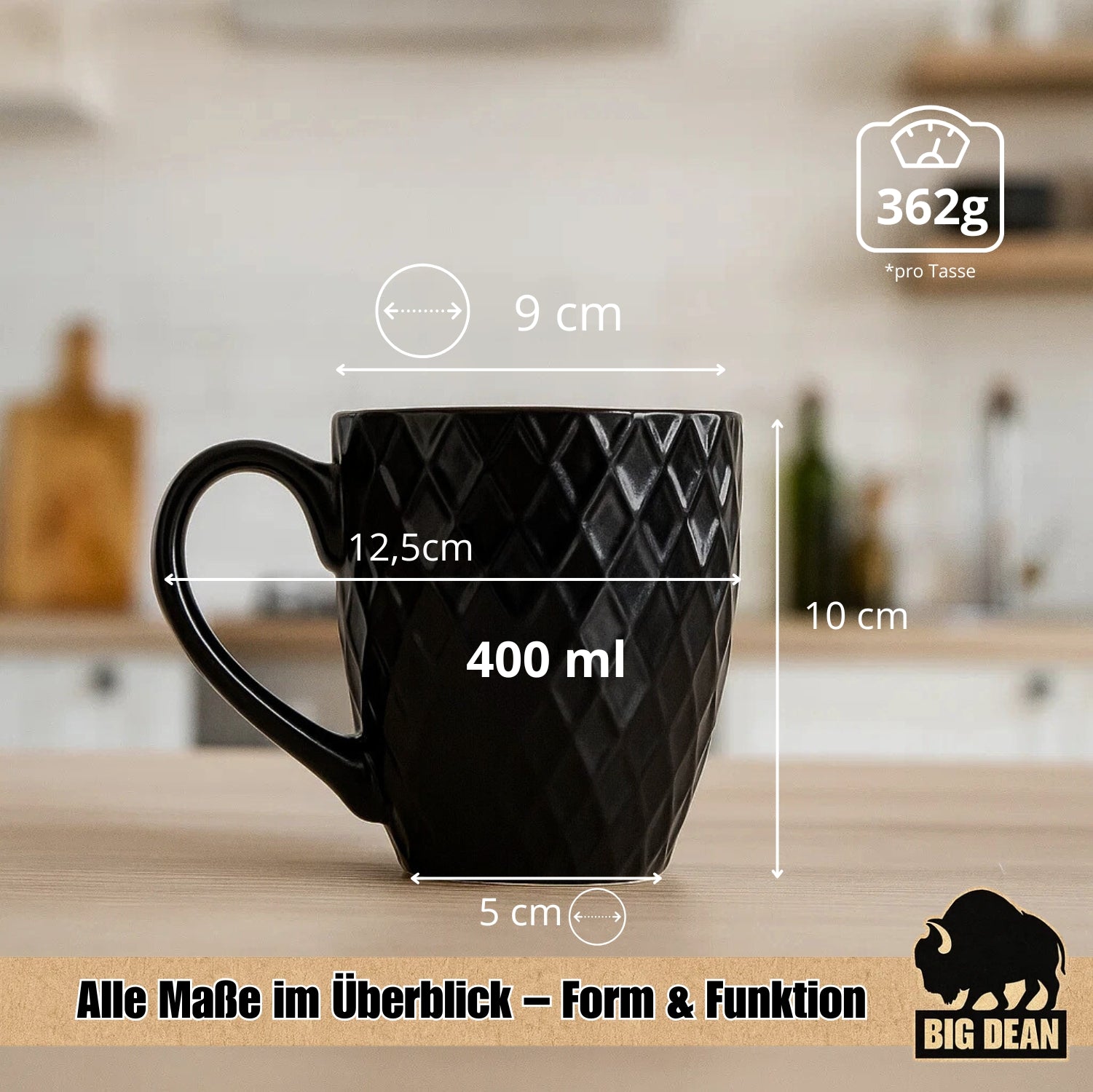 6 Stück Kaffeetassen 400ml schwarz matt Kaffeebecher Keramik - Hochwertiges Kaffeetassen Set  3