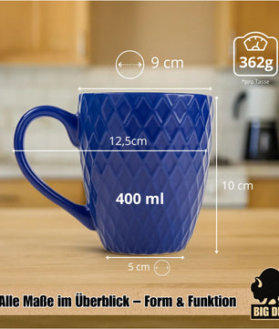 6 Stück Kaffeetassen 400ml matt Kaffeebecher Keramik - Hochwertiges Kaffeetassen Set Tassen Set 3